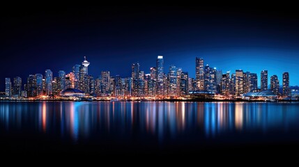 Naklejka premium A stunning panoramic view of a vibrant city skyline illuminated at night, reflecting beautifully on the calm waters below, showcasing modern architecture and urban beauty.