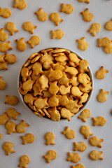 Mini Goldfish Crackers with Sea Salt in a Bowl, top view.