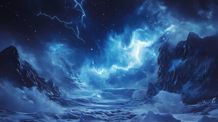 Fototapeta premium Swirling ice formations, glowing blue lightning bolts, ethereal landscapes. Electric Aurora Vortex. Illustration