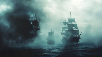 Fototapeta premium Eerie Waters: A scene of maritime dread unfolds as ghostly ships navigate a misty sea, confronted by an ominous skull in the cloudy sky, all wrapped in an atmosphere of mystery and foreboding.