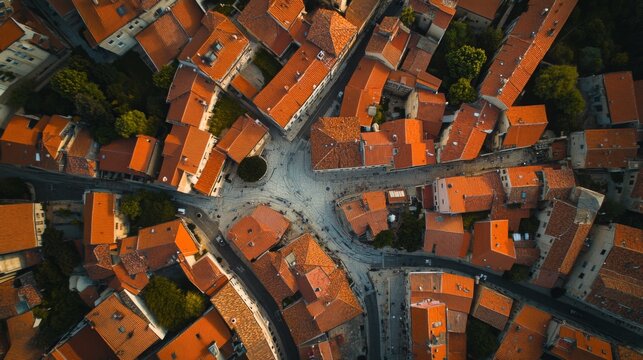 Aerial view of a charming European town, with terracotta rooftops, a central plaza and winding streets, perfect for travel or architectural photography.