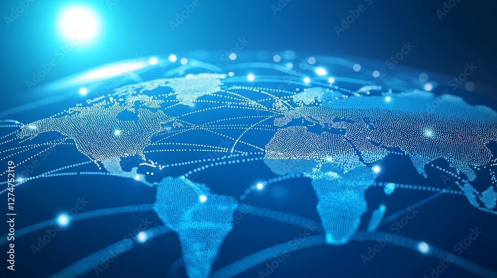 Fototapete Global network visualization with glowing data streams connecting different regions, representing worldwide communication and digital connectivity, Generative AI