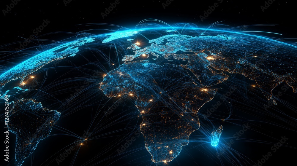 Fototapete Global network visualization with glowing data streams connecting different regions, representing worldwide communication and digital connectivity, Generative AI