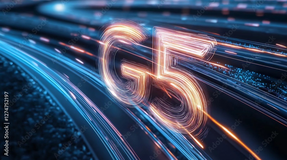 Poster Glowing 5G data streams moving fast in a digital landscape, illustrating high-speed wireless communication and future connectivity, Generative AI