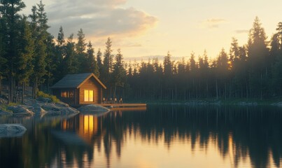 Obraz premium Peaceful lakeside cabin surrounded by pine trees, reflecting in the calm water, with soft golden light creating a magical evening glo