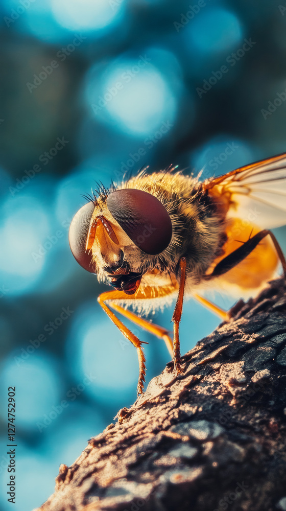 Poster Close-up view of a hoverfly perched on a tree branch, showcasing its intricate details against a softly blurred background