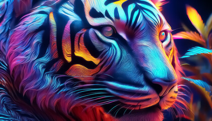 Vibrant Neon Tiger Close-Up: Stunning Digital Art with Intense Colors