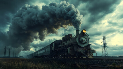 Steam Locomotive Journey: A vintage steam locomotive powers along tracks under a moody, cloud-filled sky, its presence evokes a sense of nostalgia and the romance of travel.