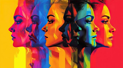 Naklejka premium Vibrant artistic portraits of women urban setting digital artwork colorful environment side view contemporary concepts