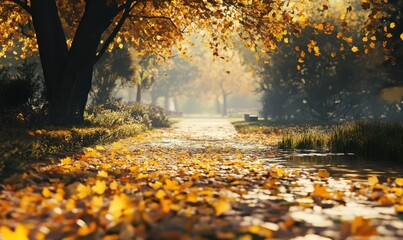 Picturesque autumn park with golden leaves covering the ground, soft sunlight and serene pathways creating a cozy outdoor settin