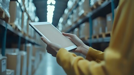 Female warehouse worker in yellow uniform using digital tablet for inventory management in storage facility with rows of shelves and packages in background.