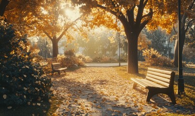 Picturesque park in autumn with golden leaves, wooden benches, and soft sunlight filtering through the tree