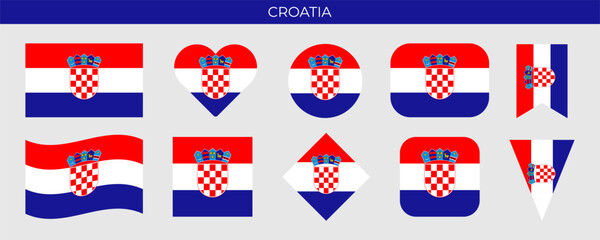 Various Stylized Croatian Flag Designs. A collection of different stylized variations of the Croatian flag, featuring unique shapes, icons, and modern interpretations of national symbolism