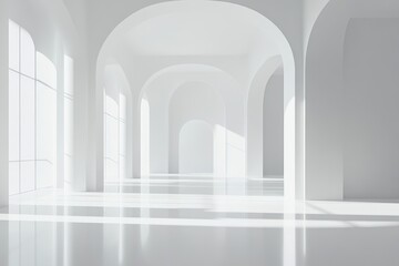 Bright white minimalist interior with arched doorways and large windows casting soft shadows on the reflective floor, creating a serene and elegant atmosphere