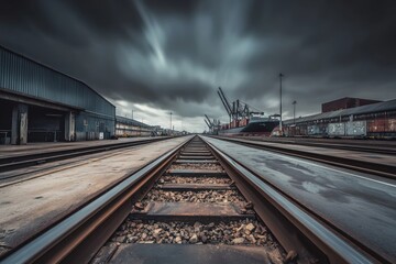 Fototapeta premium Dramatic perspective of train tracks leading to an industrial port with cranes and a cargo ship under stormy clouds, capturing the essence of transport and industry