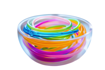 Colorful flexible tubes elegantly coiled in a glass bowl near a sunny window during daytime isolated on transparent background