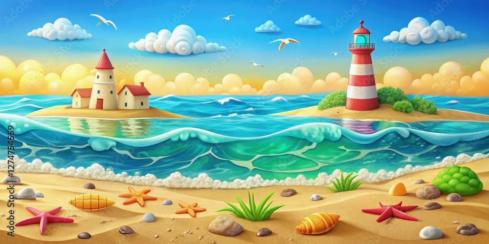 Poster Vibrant Seashore With Waves, Lighthouse, and Sandy Beach. Generative AI