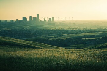 A scenic view of a city skyline with wind turbines in the distance, surrounded by rolling green hills under warm golden light, symbolizing urban development and sustainability