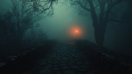 Naklejka premium Mysterious foggy night with glowing lantern abandoned pathway landscape photography eerie atmosphere low angle view