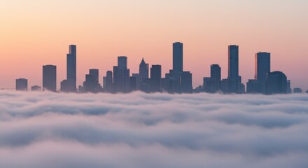 Foggy cityscape at dawn