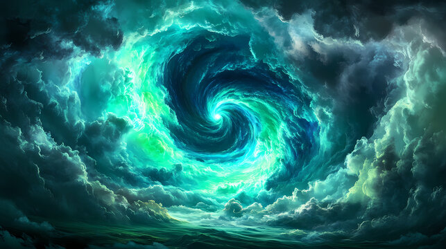A swirling vortex of electric blue and green light erupts in the darkening sky as a powerful geomagnetic storm brews , cosmic storm, magnetic field. Electric Aurora Vortex. Illustration
