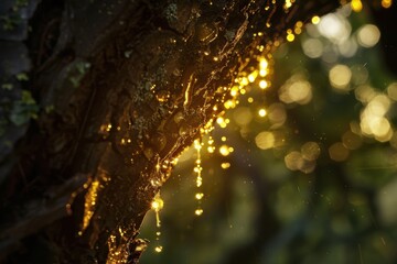 Golden sap drips from tree bark in a forest during sunset, illuminating the surrounding nature with warm light