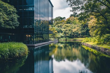 A modern glass building reflecting on a calm lake, surrounded by lush greenery, illustrating harmony between architecture and nature