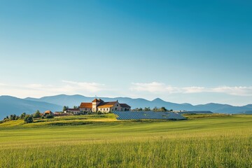 A rural landscape with a farmhouse, solar panels, and rolling green fields against a backdrop of distant mountains under a clear blue sky