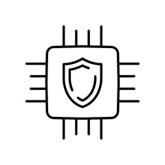 Minimalist Cybersecurity Chip Icon in Line Art. Vector illustration of a microchip with a shield symbol, representing cybersecurity, data protection, and digital security