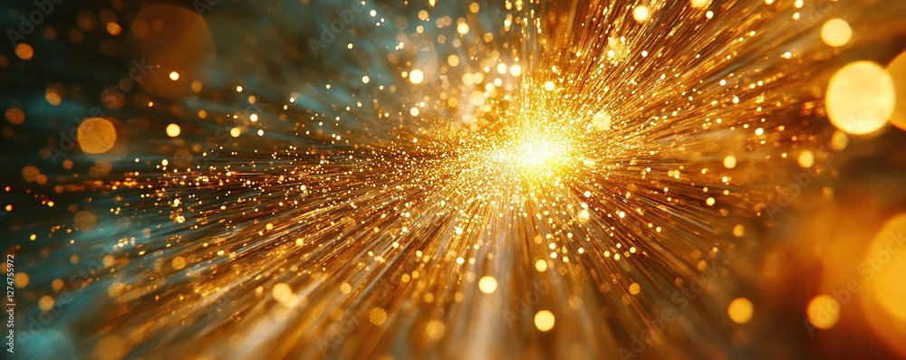 Poster dynamic explosion of golden particles in a celestial environment abstract graphic representation