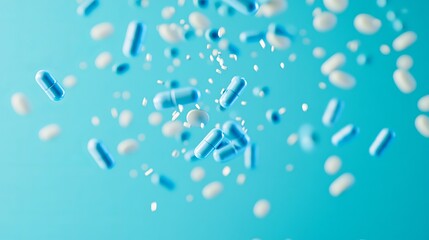 Floating Blue and White Capsules on Clean Background
