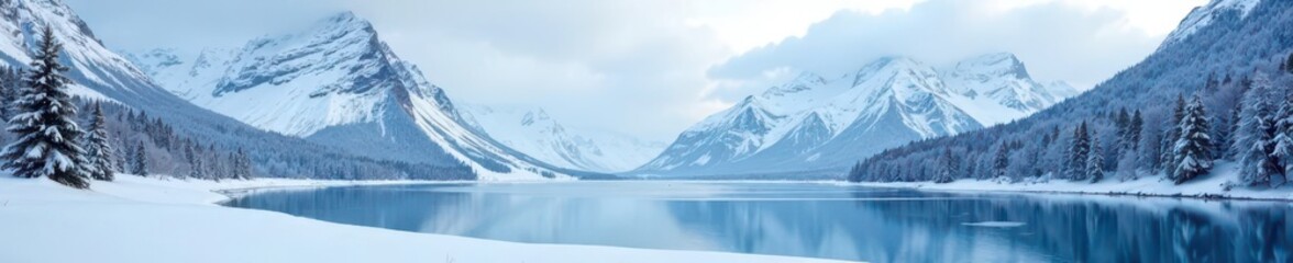 Icy landscape with snow-capped mountains and frozen lake, snow-covered trees, winter wonderland, winter landscape