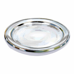Illustration art of flat, round silver tray with a shiny finish and no engravings, perfect for serving or decorative purposes, isolated on a clean white backdrop