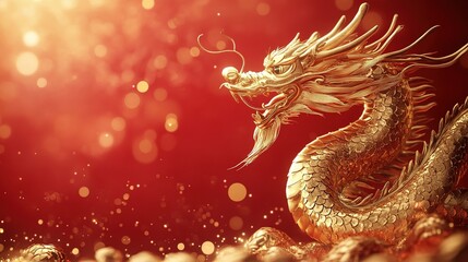 Obraz premium Majestic golden dragon unleashed fantasy realm digital art vibrant atmosphere close-up cultural symbolism