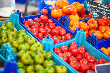 Fresh healthy bio fruits and vegetables on farmer agricultural market in France.