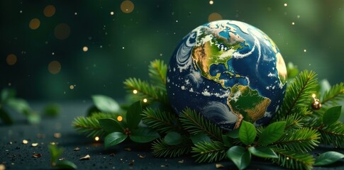 Naklejka premium Planet Earth as a Christmas present wrapped in green foliage, planet earth gift, cosmic wrapping