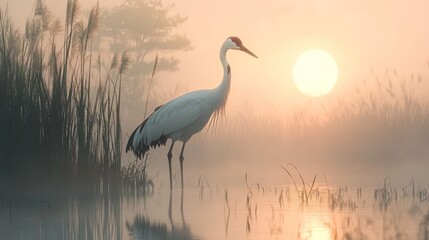 Crane at Sunrise Misty Marsh
