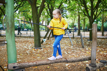 Adorable preschooler girl on playground on a sunny autumn day. Preschooler child playing outdoors. Outdoor activities for kids