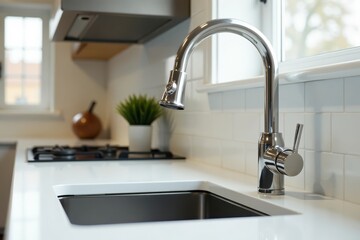 Sleek metal faucet with small lever in white finish, stainless steel, kitchen, chrome