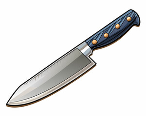 Vector drawing of a chef’s knife, ultra-sharp stainless steel blade, ergonomic black handle, realistic details on a white background.