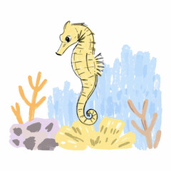 Illustration of a Seahorse Floating in a Coral Reef