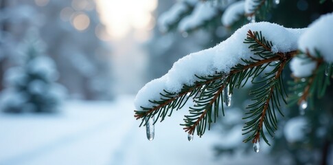 Spruce tree branches in the snow with icy details, winter landscape, spruce, nature scene