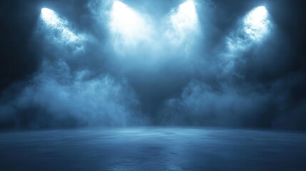 Fototapeta premium Dramatic Empty Concert Stage with Striking Illuminated Spotlights and Ethereal Smoke Creating an Atmospheric Backdrop with Ample Copy Space for Music Promotions