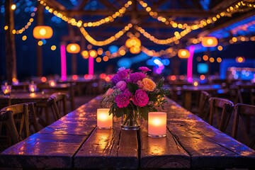 Rustic Table with Bokeh Lights and Neon Glow in Lively Evening Atmosphere