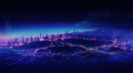 Futuristic city skyline at night, digital lines overlay, technology concept