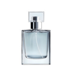 A glass bottle of perfume with a silver cap and sprayer. The bottle is clear and empty.