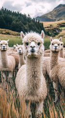 Fototapeta premium Alpacas grazing among dry grassland, mountainous landscape framing pastoral scene