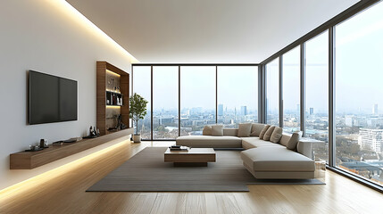 Fototapeta premium Modern apartment living room, city view, relaxing interior design, home decor