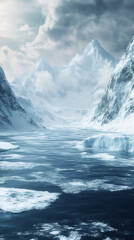 Obraz premium Frozen river flows through snowy mountain valley under cloudy sky, creating breathtaking arctic landscape
