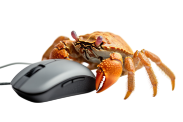 A curious crab explores a computer mouse in a playful moment of unexpected interaction isolated on transparent background